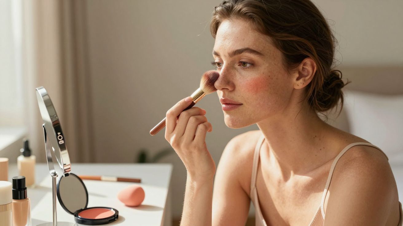 Mulher aplica blush com um pincel diante de um espelho, cercada por produtos de maquilhagem numa mesa.