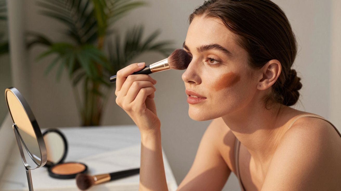 Mulher aplica maquilhagem no rosto com pincel, espelho e produtos ao lado.