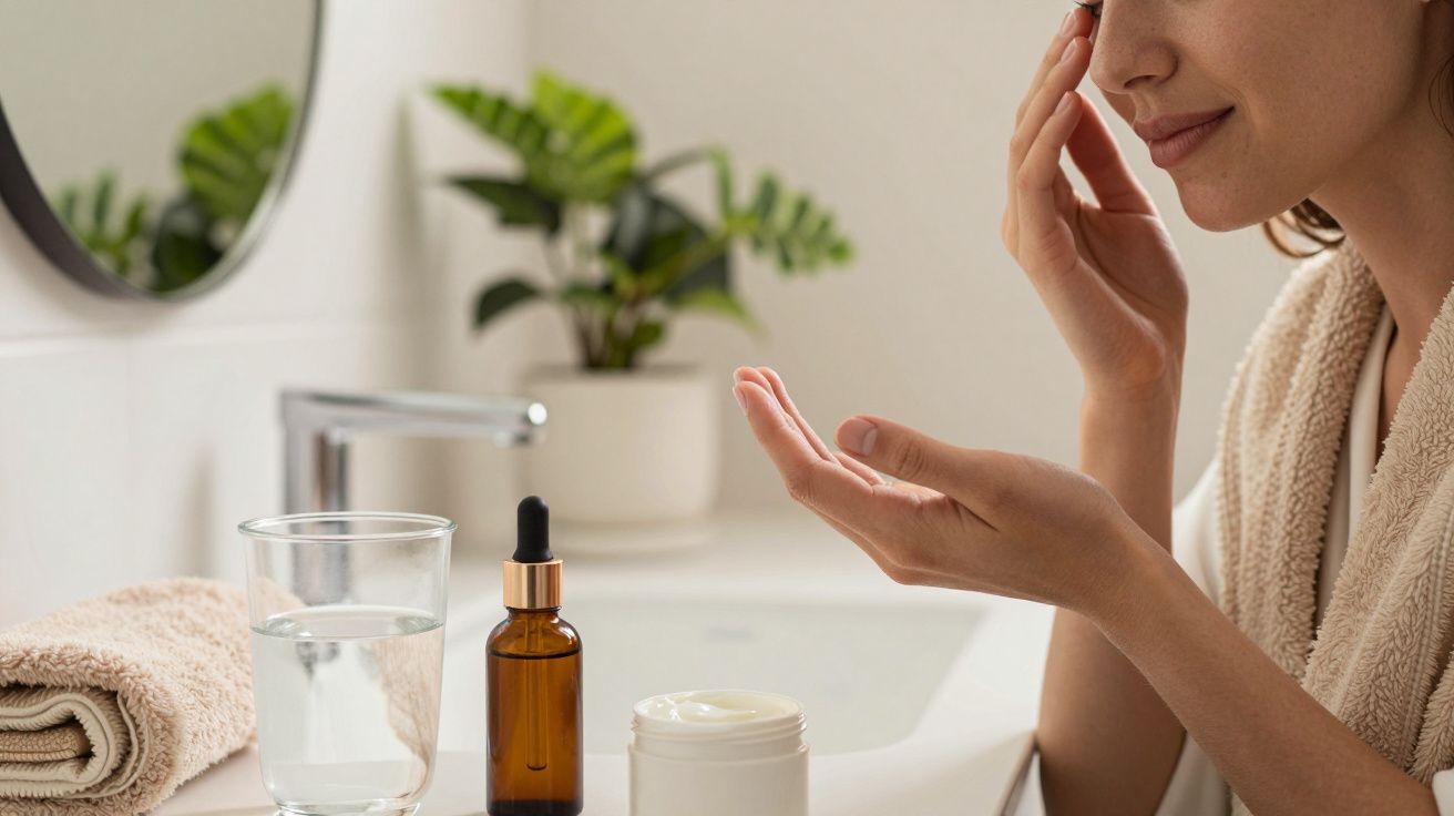 Mulher aplica creme no rosto em casa de banho, com toalha, copo de água e frasco sobre o lavatório.