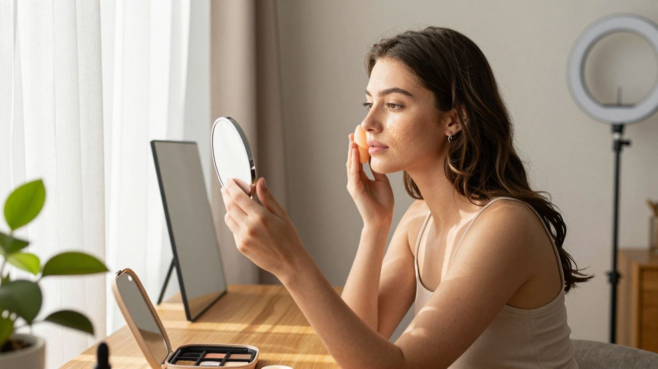 Mulher aplica maquilhagem olhando para um espelho pequeno numa mesa de madeira, com uma paleta de sombras ao lado.