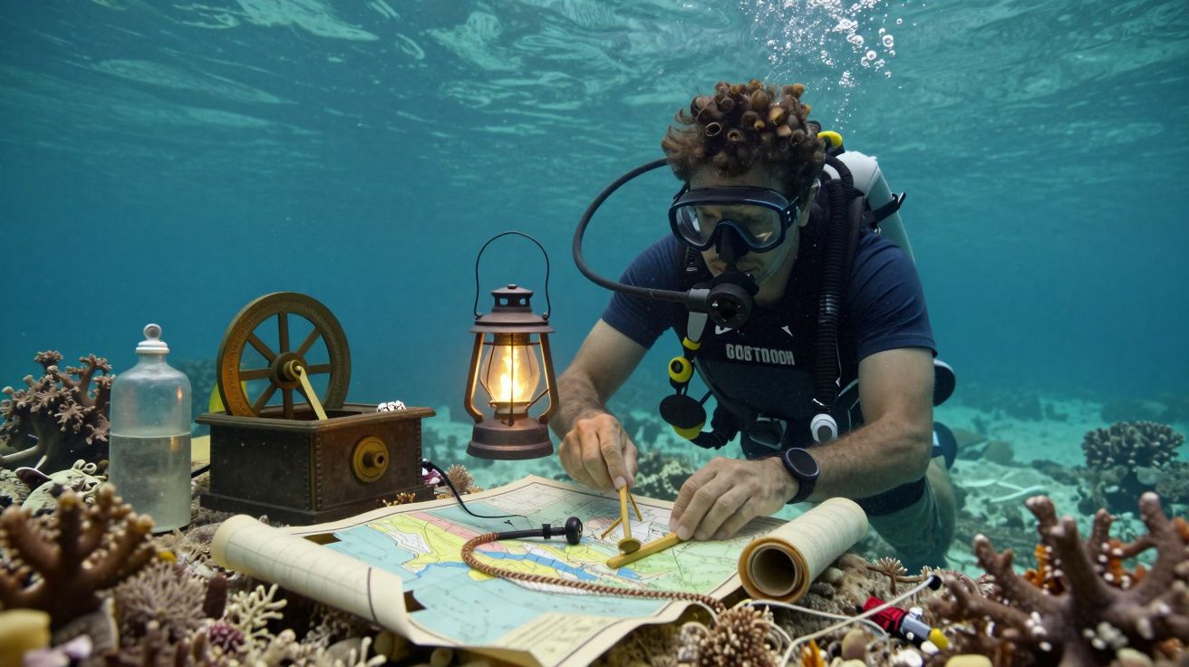 Mergulhador sob a água examina mapa náutico em mesa cercada por coral, com lanterna e instrumentos de navegação.