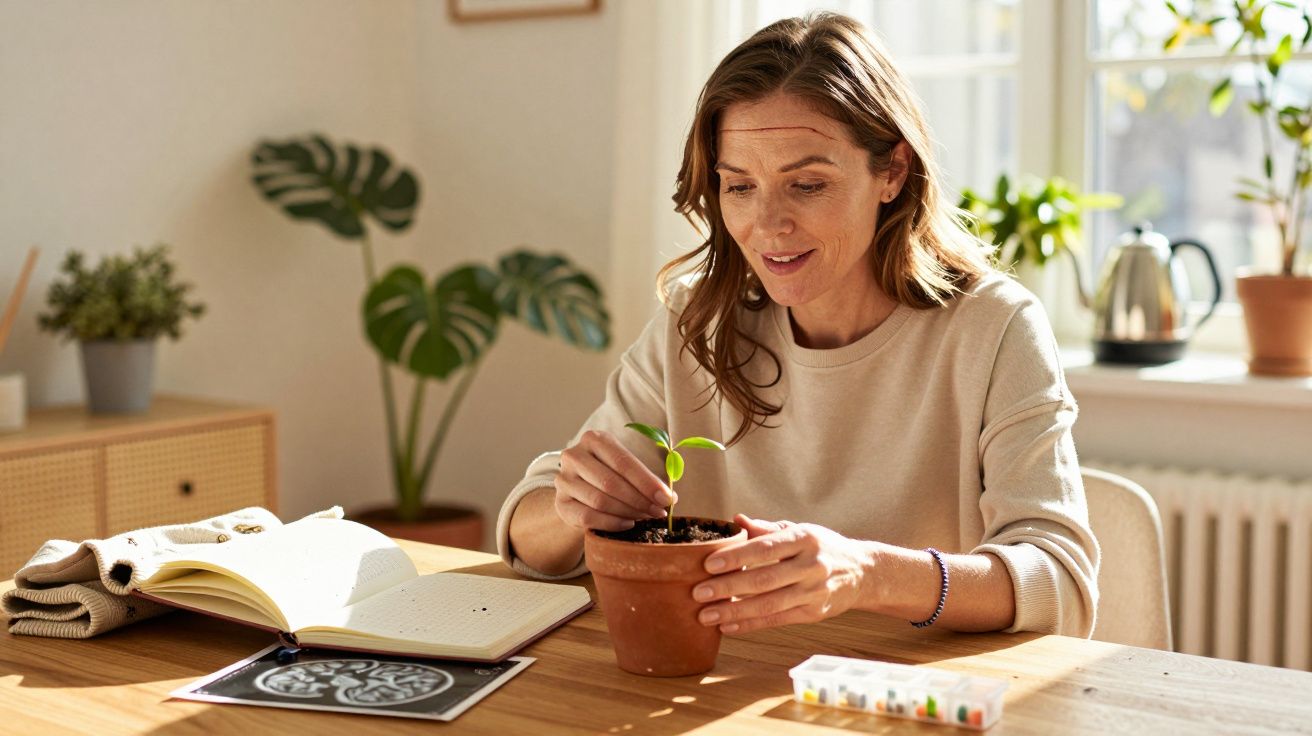 Mulher a cuidar de uma planta num vaso, com livros e material de estudo numa mesa iluminada pelo sol.