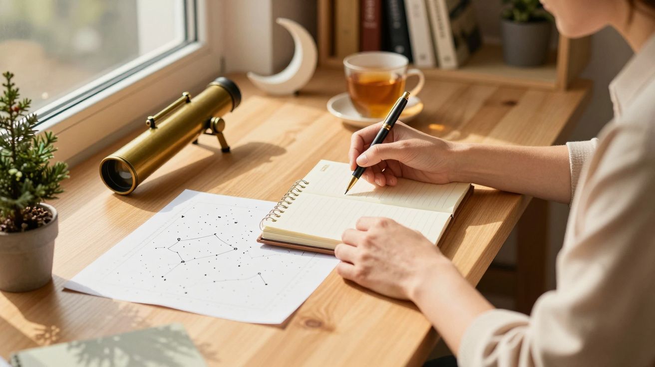 Pessoa a escrever num caderno ao lado de um telescópio, chá e mapa estelar numa mesa de madeira junto à janela.