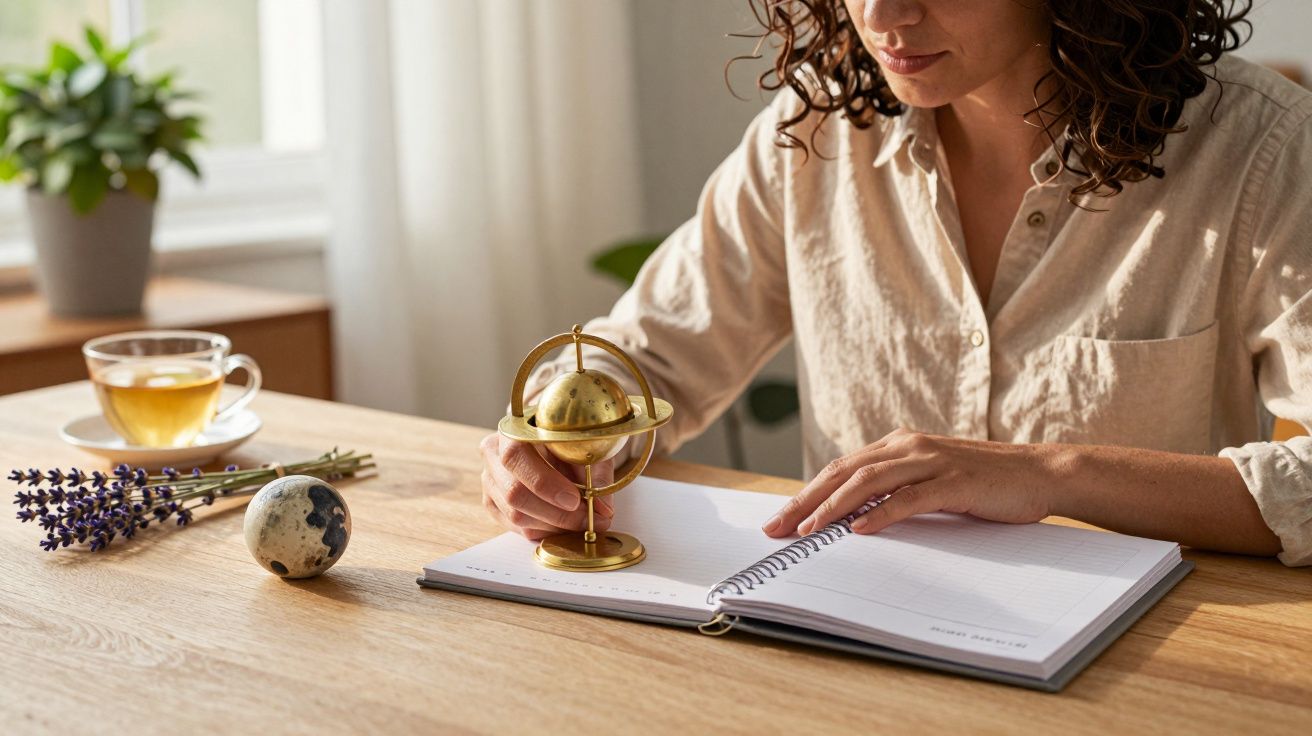 Mulher escrevendo num caderno com uma chávena de chá e modelo de globo terrestre na mesa.
