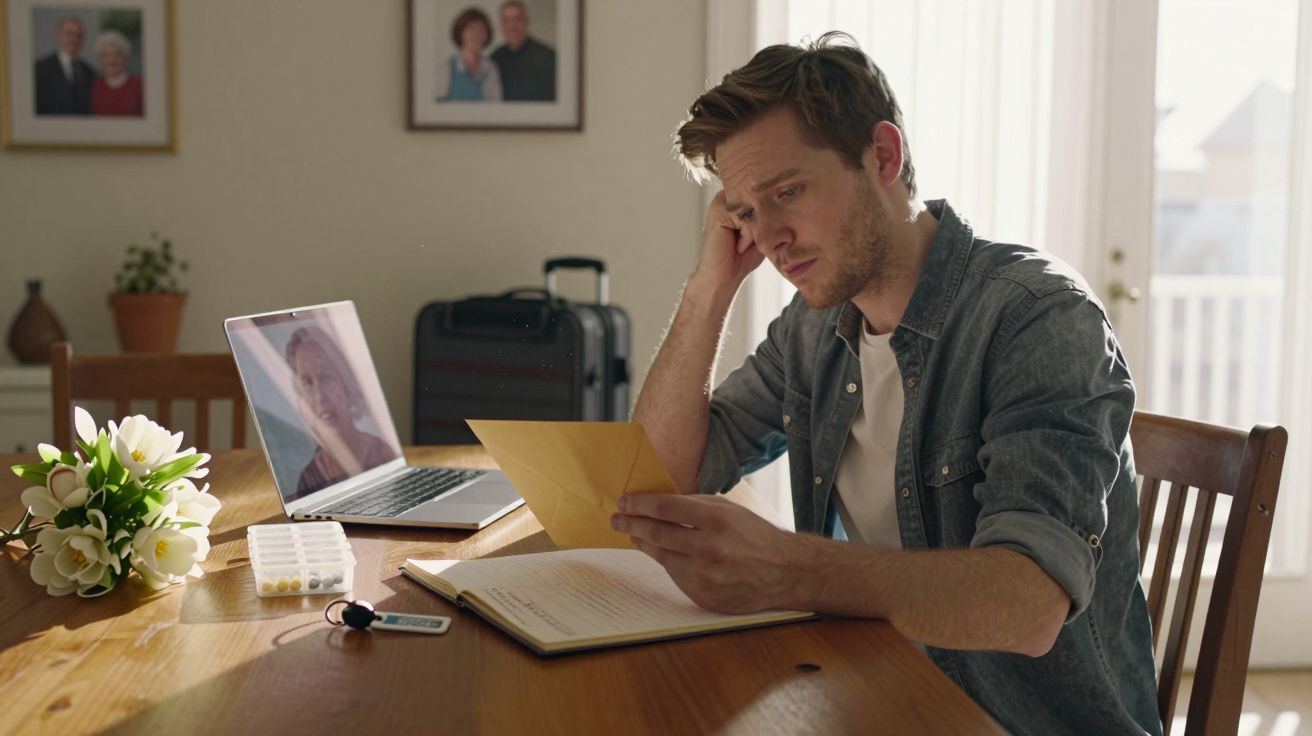 Homem pensativo segura carta na mesa com flores, comprimidos e laptop aberto.
