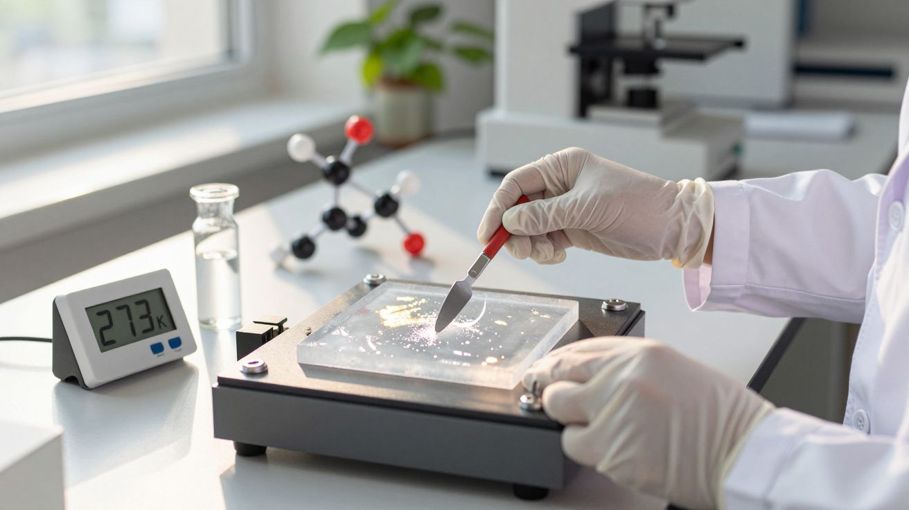 Cientista em laboratório manipula amostra com espátula; termómetro mostra 273K. Modelo molecular ao fundo.