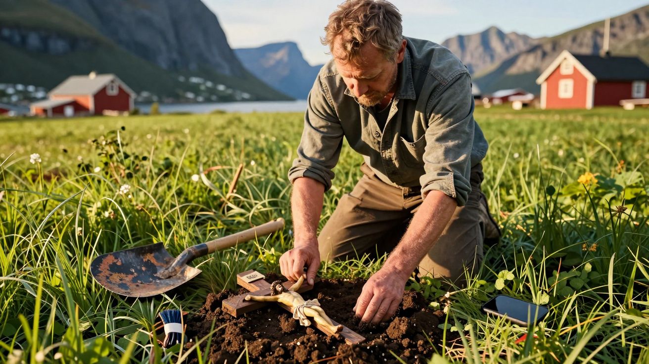 Homem ajoelhado a trabalhar na terra num campo verde, com montanhas e casas vermelhas ao fundo.