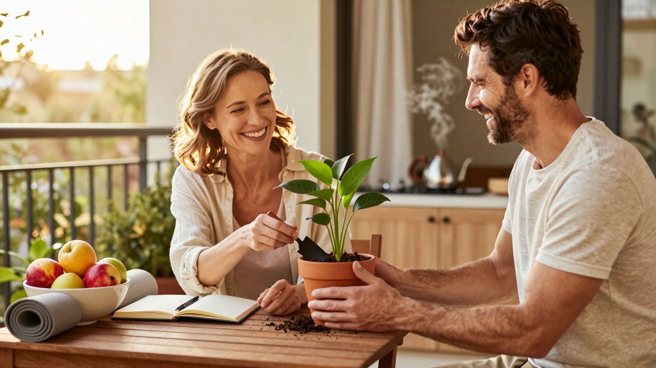 Casal sorridente planta uma muda em vaso numa mesa de madeira, com fruta e caderno ao lado, em varanda ensolarada.
