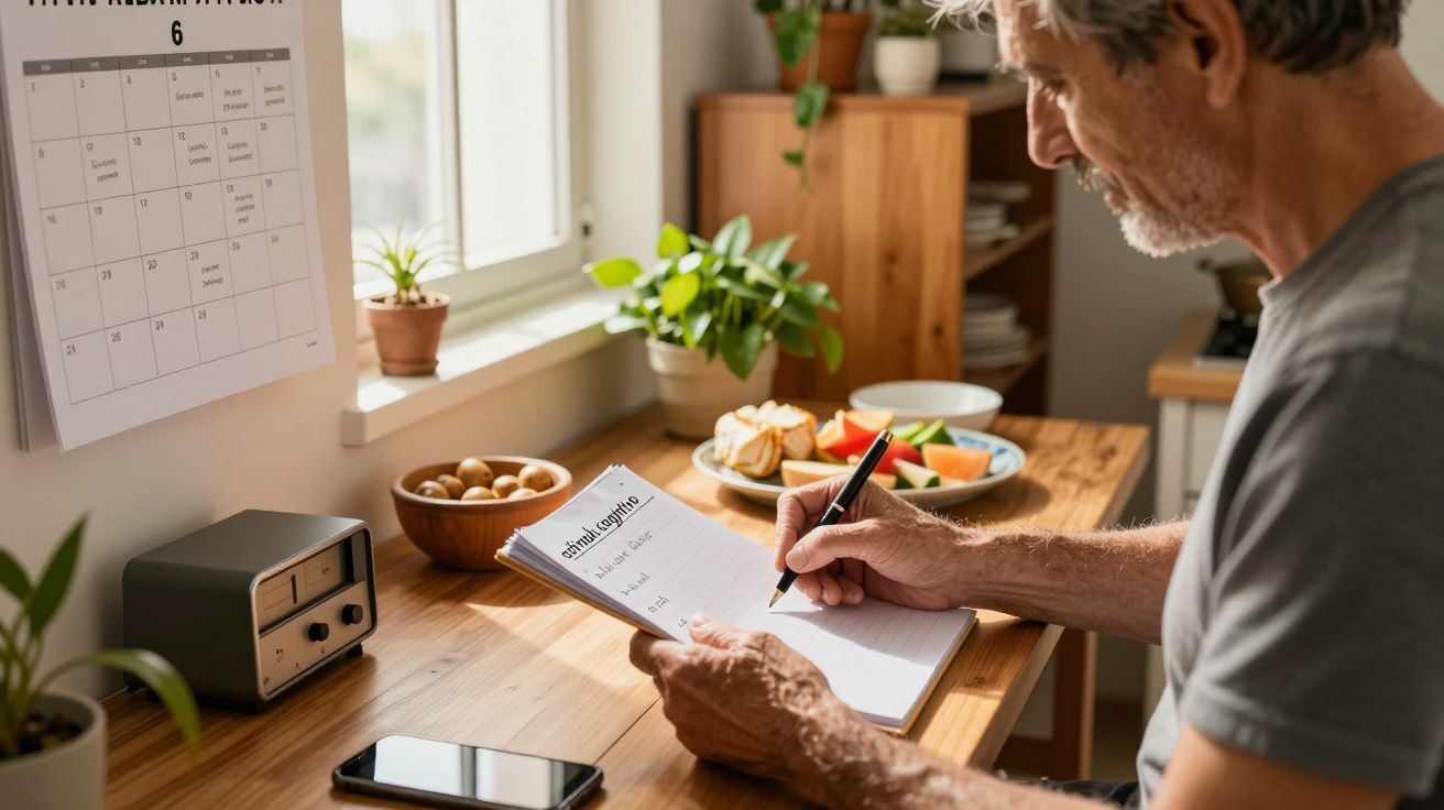 Homem sentado à mesa escreve no diário. Mesa com fruta, plantas e calendário na parede.