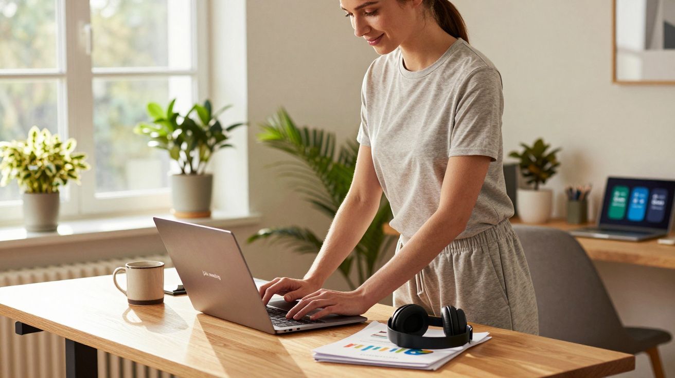 Mulher a trabalhar num portátil numa mesa, com plantas, fones e chávena ao lado, num ambiente de escritório em casa.