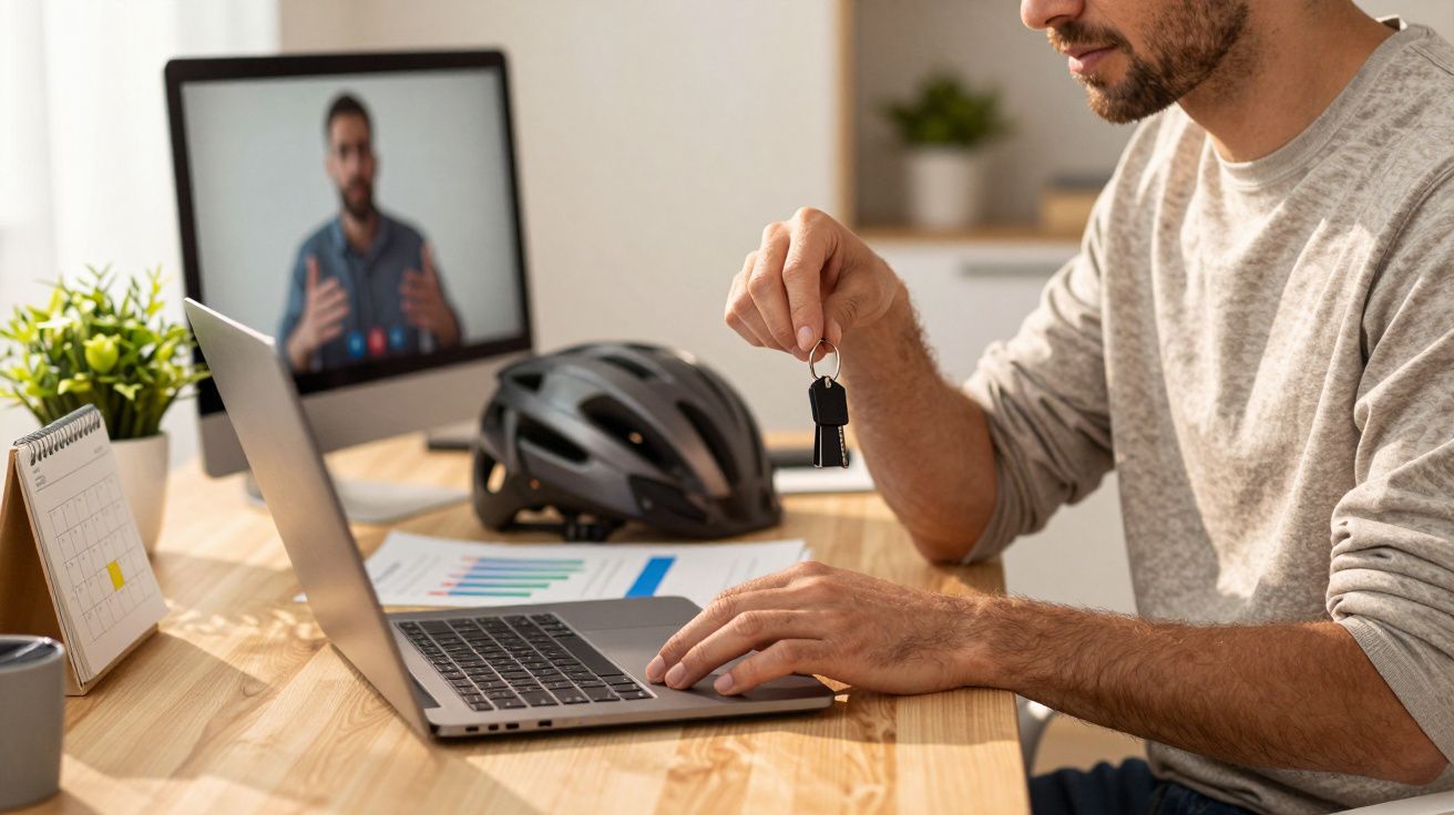 Homem em videoconferência no portátil, segurando uma chave. Capacete de bicicleta e gráficos na mesa.