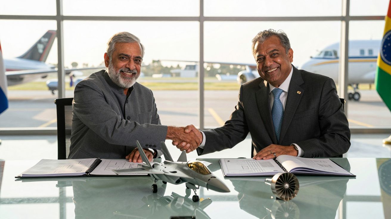 Dois homens de negócios cumprimentam-se sobre uma mesa com documentos e um modelo de avião, numa sala com janelas amplas.