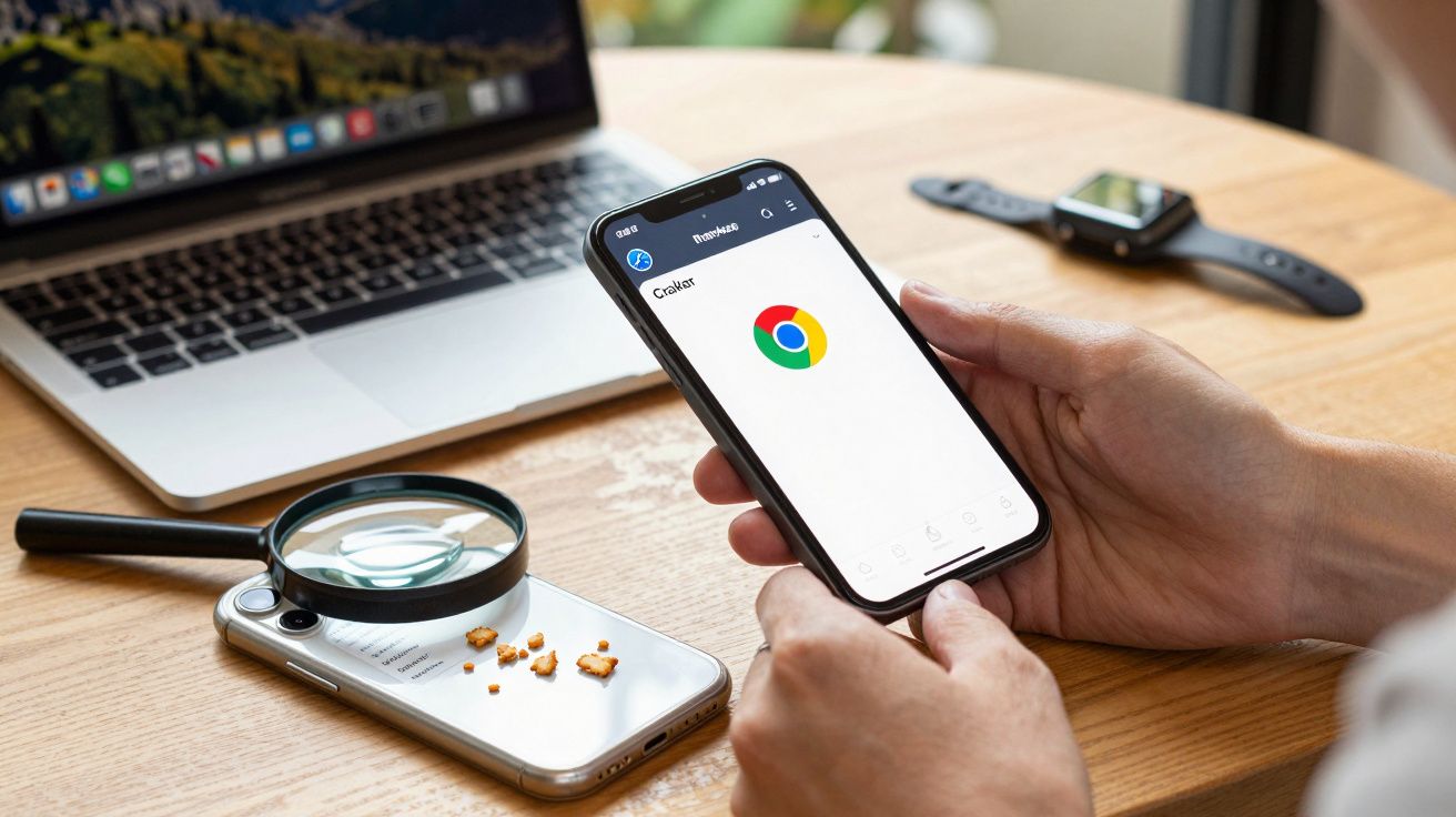 Pessoa segura smartphone com o logo do Chrome; portátil, relógio e lupa em mesa de madeira.