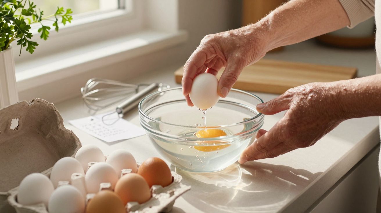 Mãos a quebrar um ovo num recipiente de vidro, com ovos e utensílios de cozinha ao fundo.