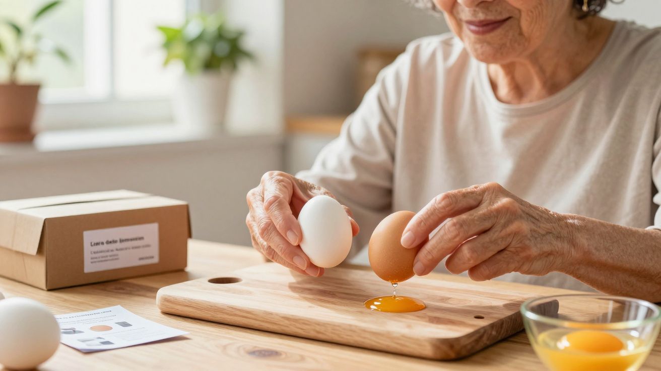 Mulher idosa a partir um ovo numa tábua de madeira numa cozinha iluminada.