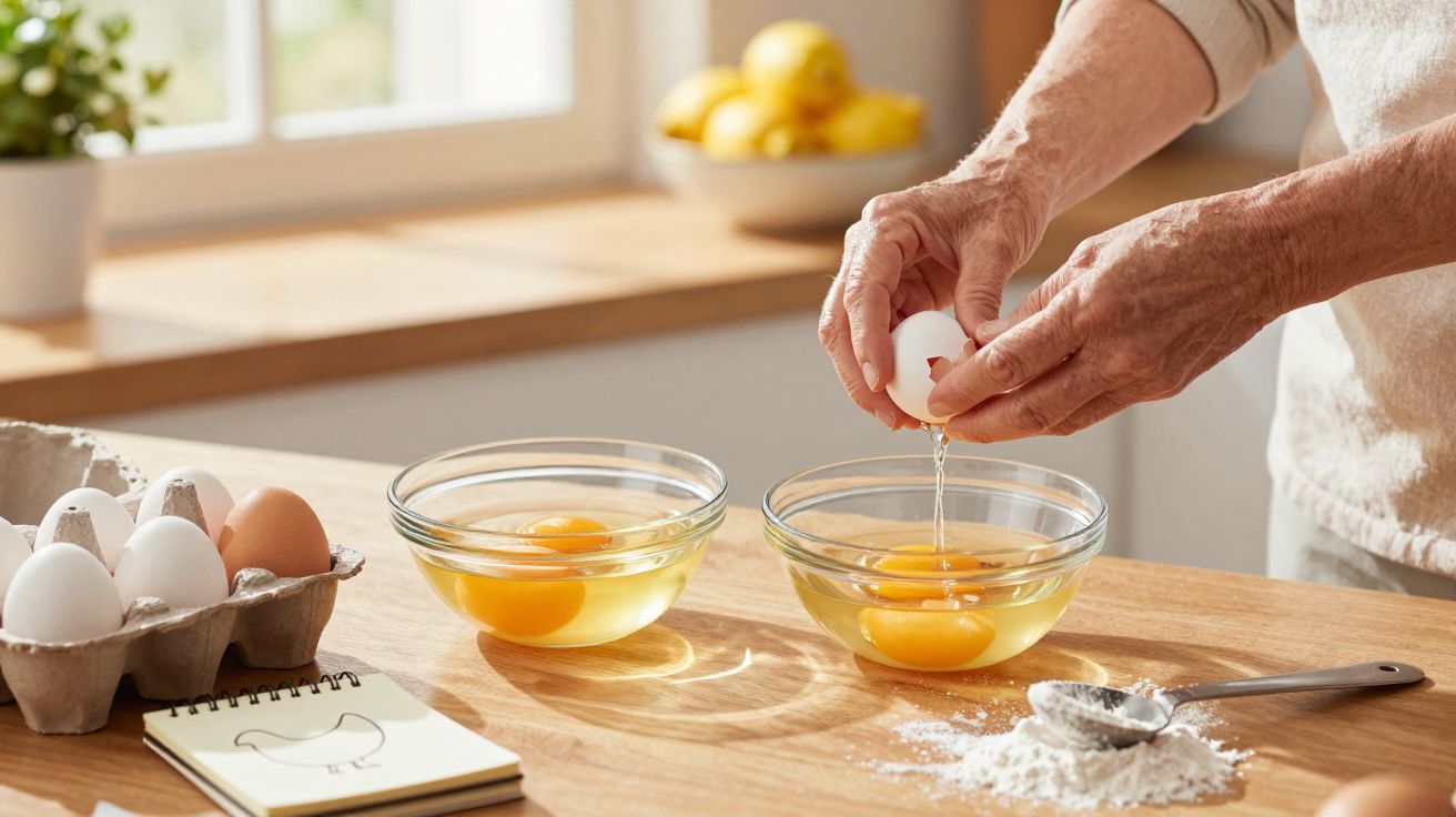 Pessoa a partir ovos numa taça na cozinha, com farinha ao lado e ovos em caixa.