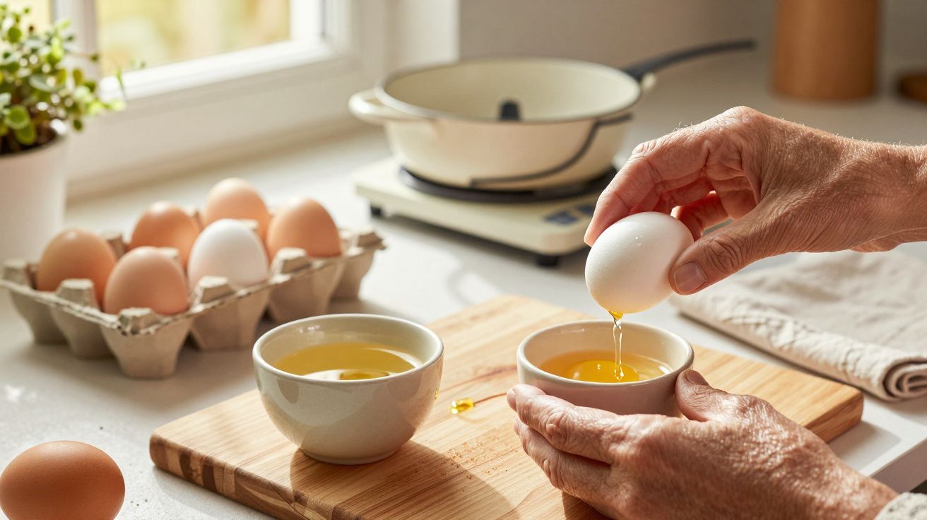 Mãos a partir ovo sobre taça na cozinha, com ovos ao lado e frigideira ao fundo.