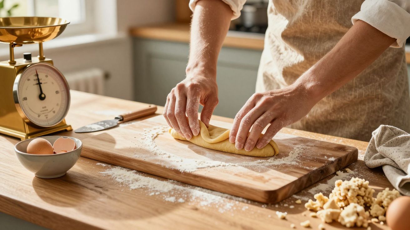 Pessoa a preparar massa numa bancada de cozinha de madeira, com balança dourada ao lado.