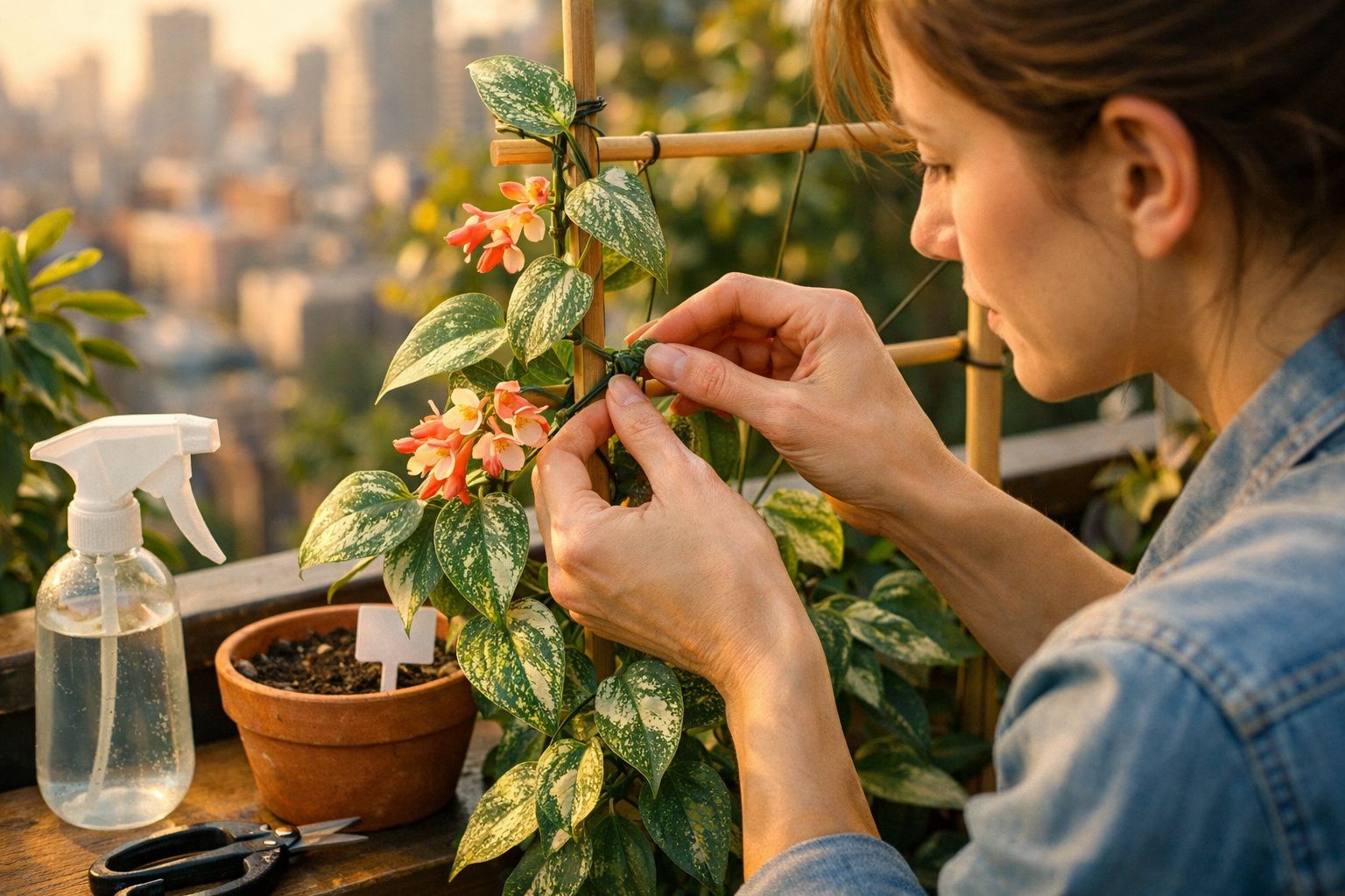 Pessoa cuidando de planta com flor rosa em vaso de barro, numa varanda com vista para a cidade ao fundo.