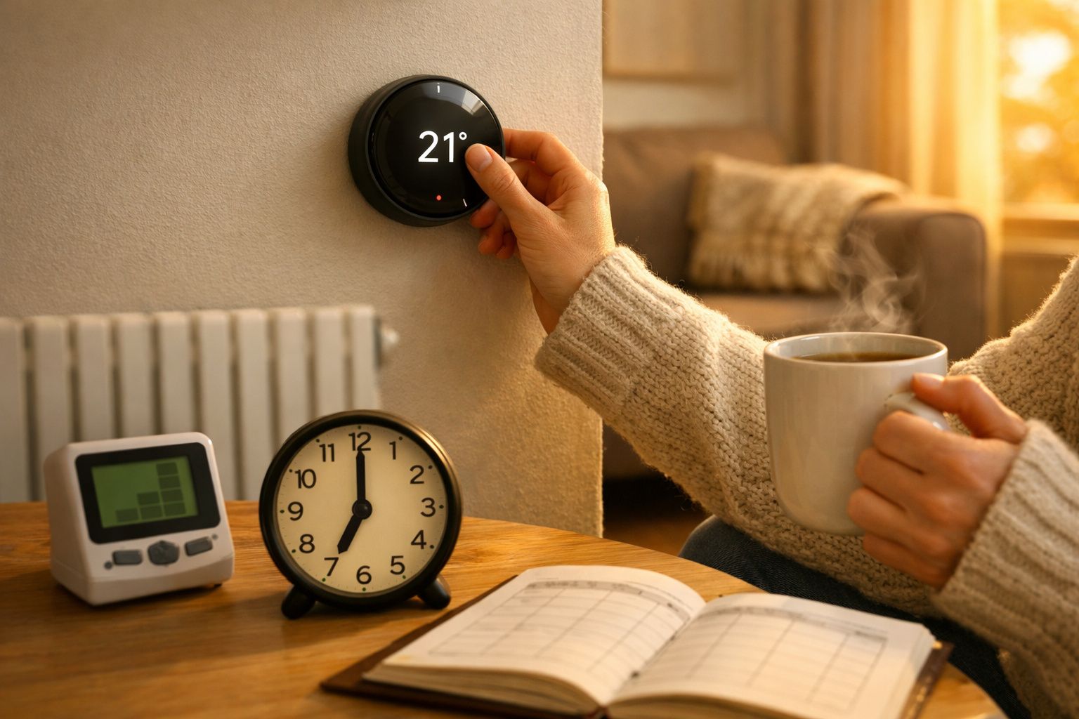 Pessoa ajustando termóstato digital numa sala moderna e iluminada, enquanto segura uma chávena de chá.