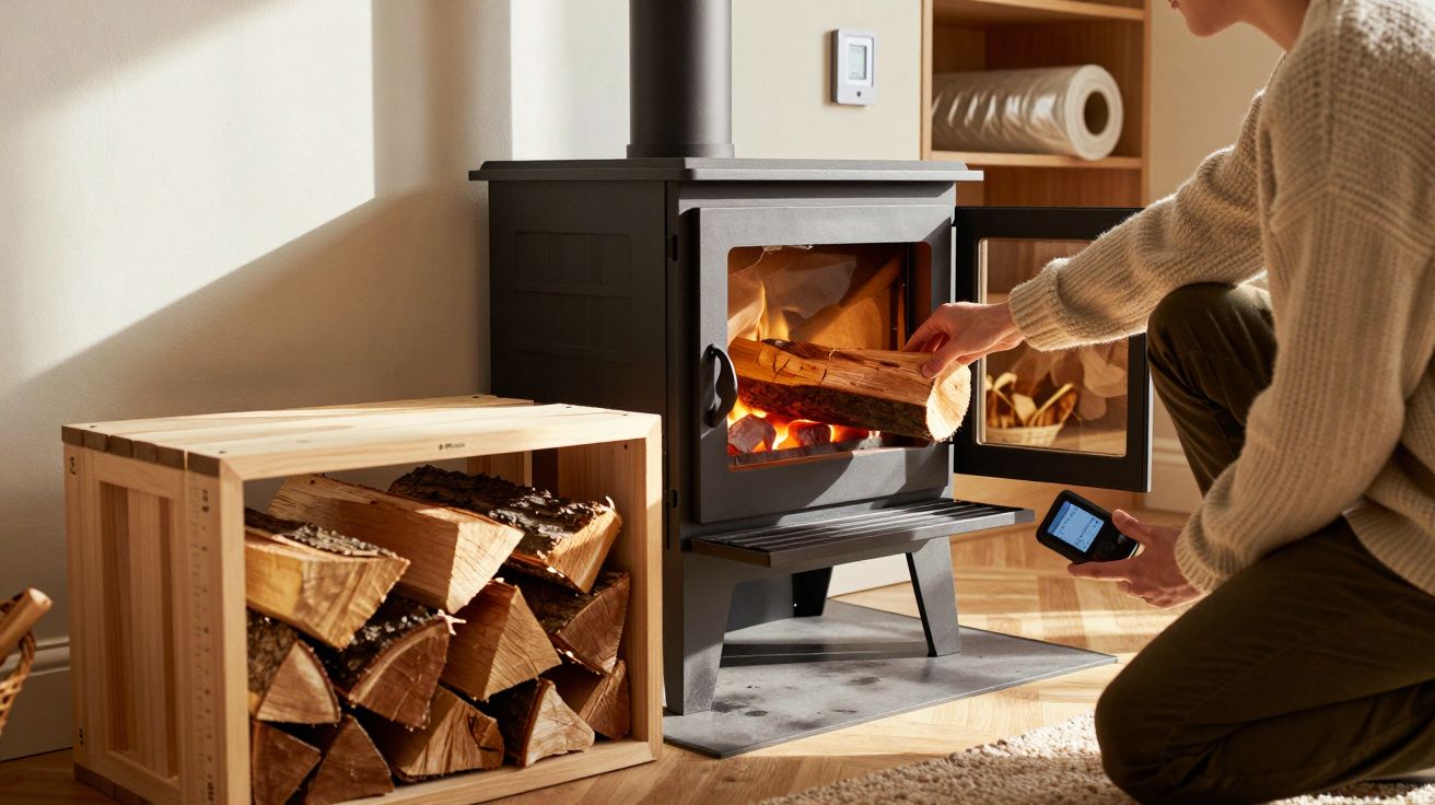 Pessoa a adicionar lenha a uma lareira moderna, com um cesto de lenha ao lado, numa sala acolhedora.