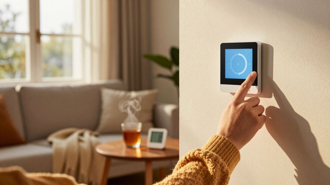 Pessoa ajusta termostato digital numa sala de estar iluminada, enquanto uma mesa ao fundo tem uma bebida quente.