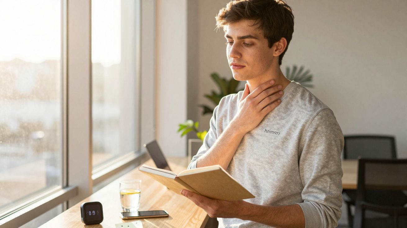 Jovem de pé junto à janela, segurando um livro e tocando o pescoço. Mesa com copo de água, relógio e smartphone.
