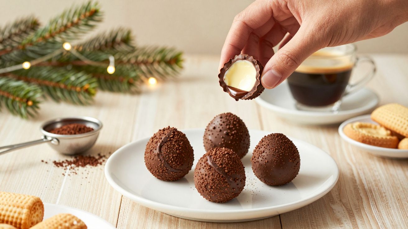 Mão segurando bombom de chocolate com recheio cremoso, prato com bombons, café expresso e bolachas em mesa decorada.