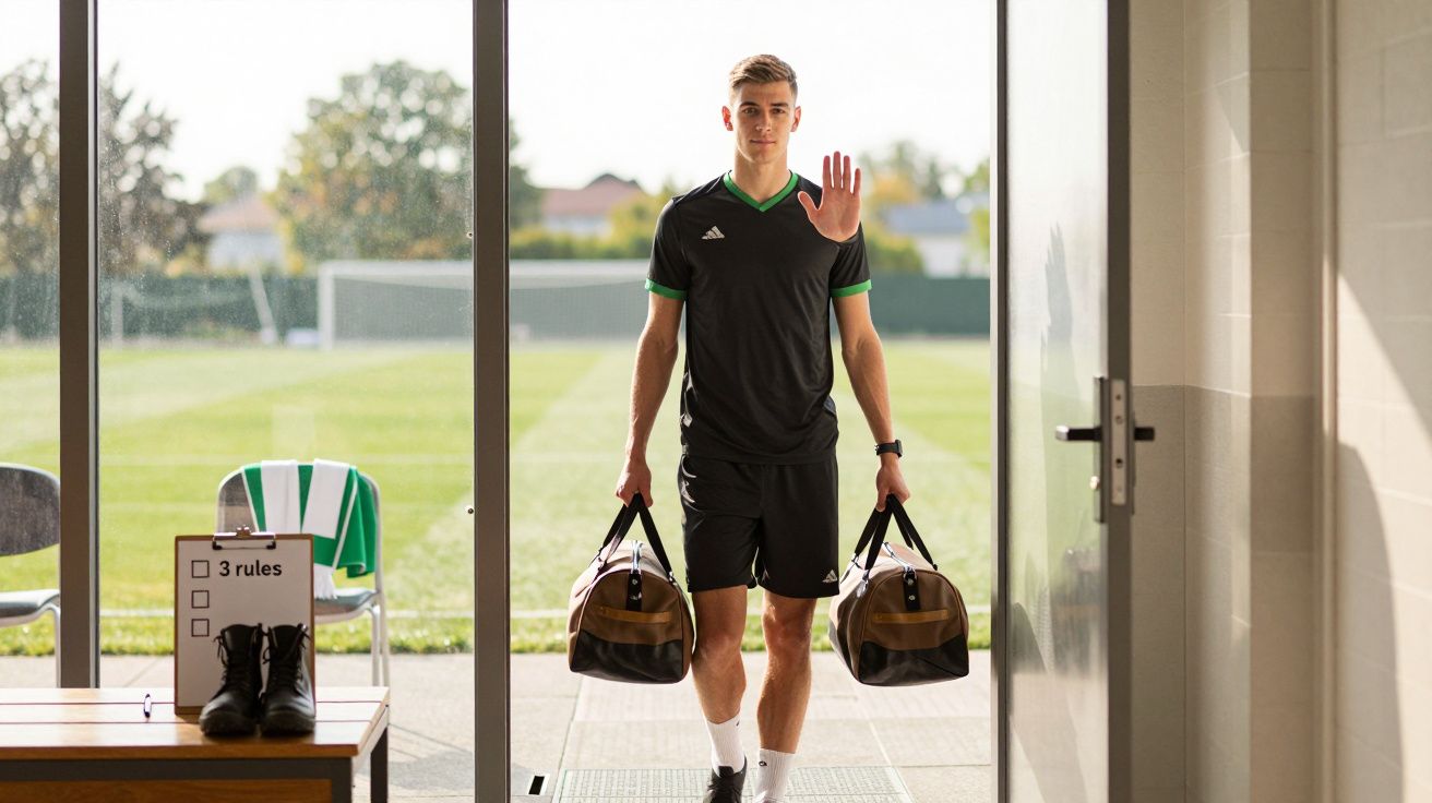 Homem jovem em roupa desportiva entra num vestiário segurando duas sacolas de ginásio e acenando com a mão.