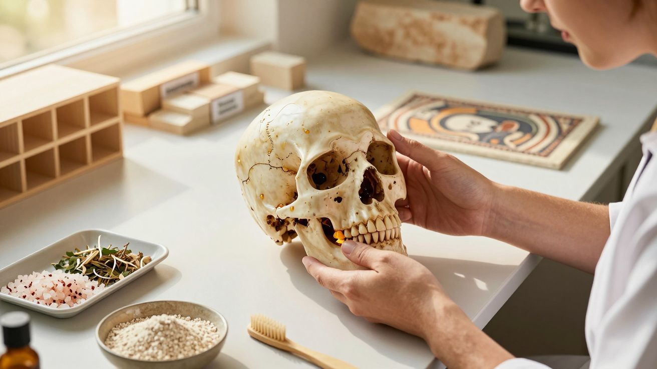 Pessoa examina um crânio humano numa mesa com materiais de estudo, pincel e objetos diversos ao redor.