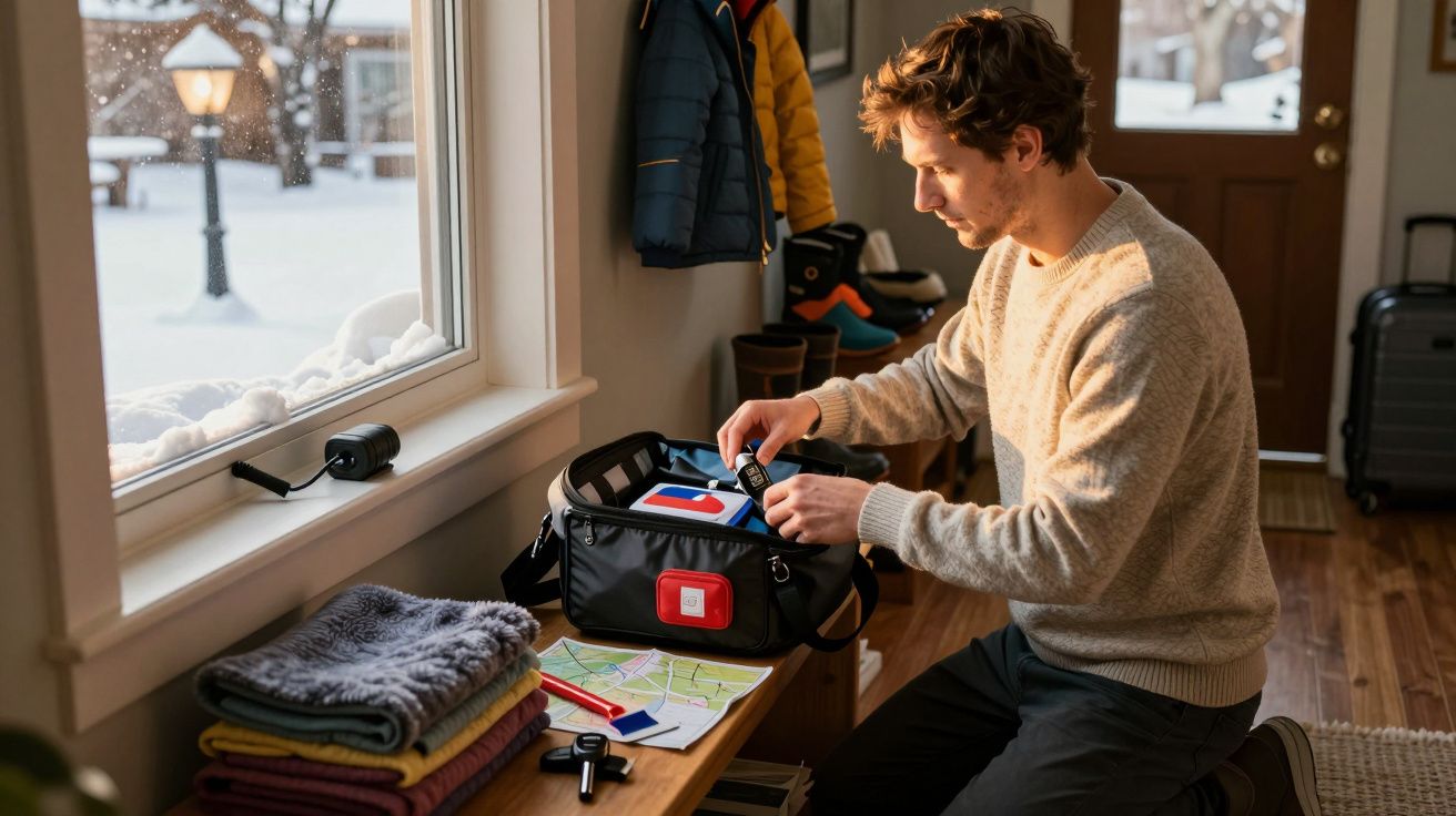 Homem organiza bolsa com mapas e câmera em entrada de casa. Janela mostra cenário nevado e casacos pendurados na parede.