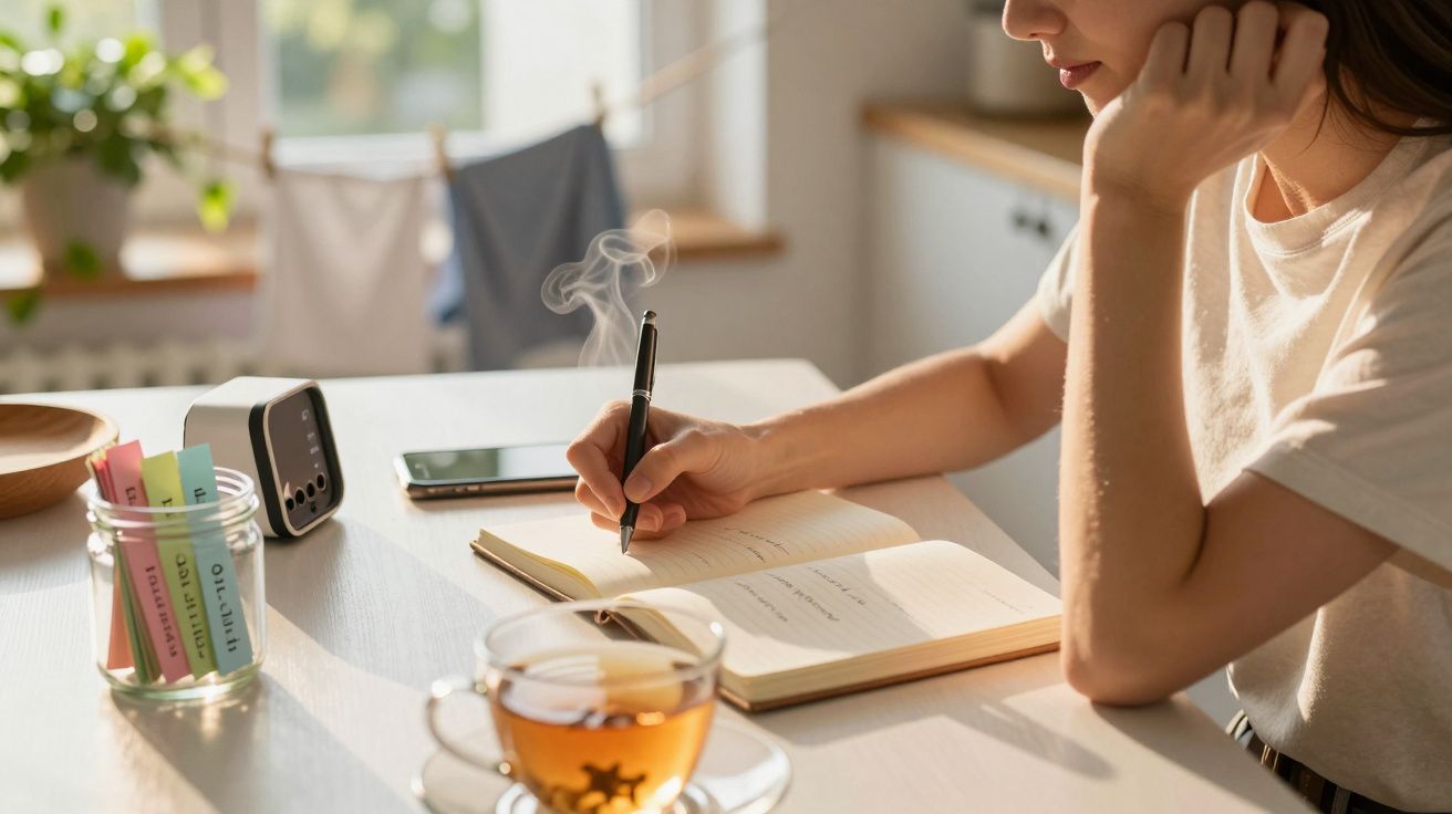 Mulher escreve em caderno numa mesa com chávena de chá e jarro com notas coloridas, ao lado de relógio e telemóvel.