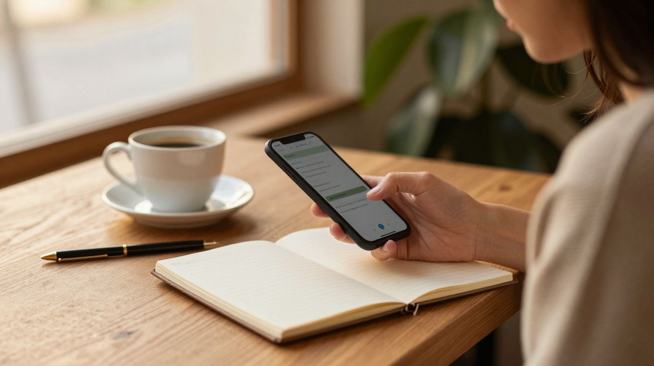 Mulher a usar smartphone numa mesa com caderno aberto, caneta e chávena de café.