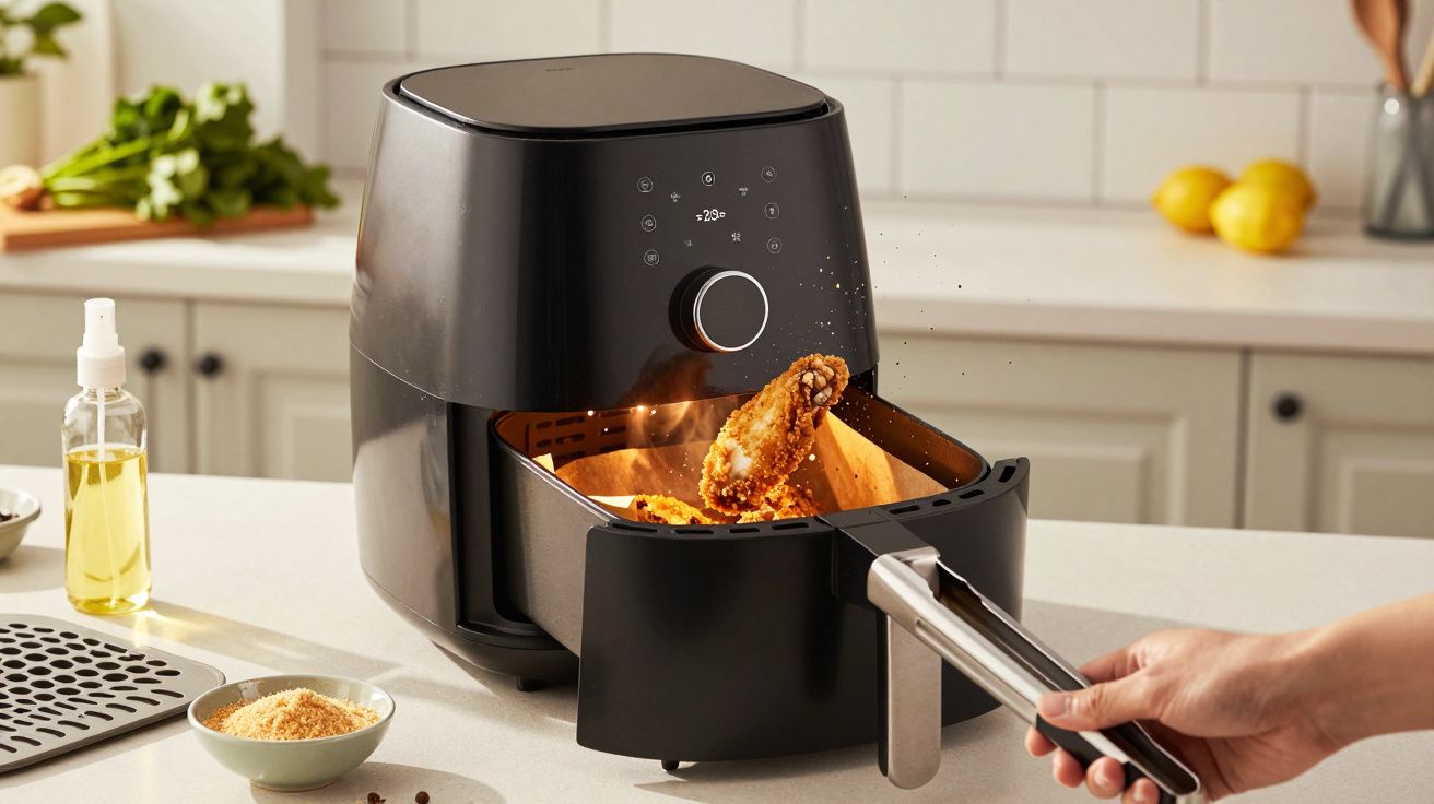 Fritadeira sem óleo preta num balcão de cozinha, cozinhando coxas de frango.