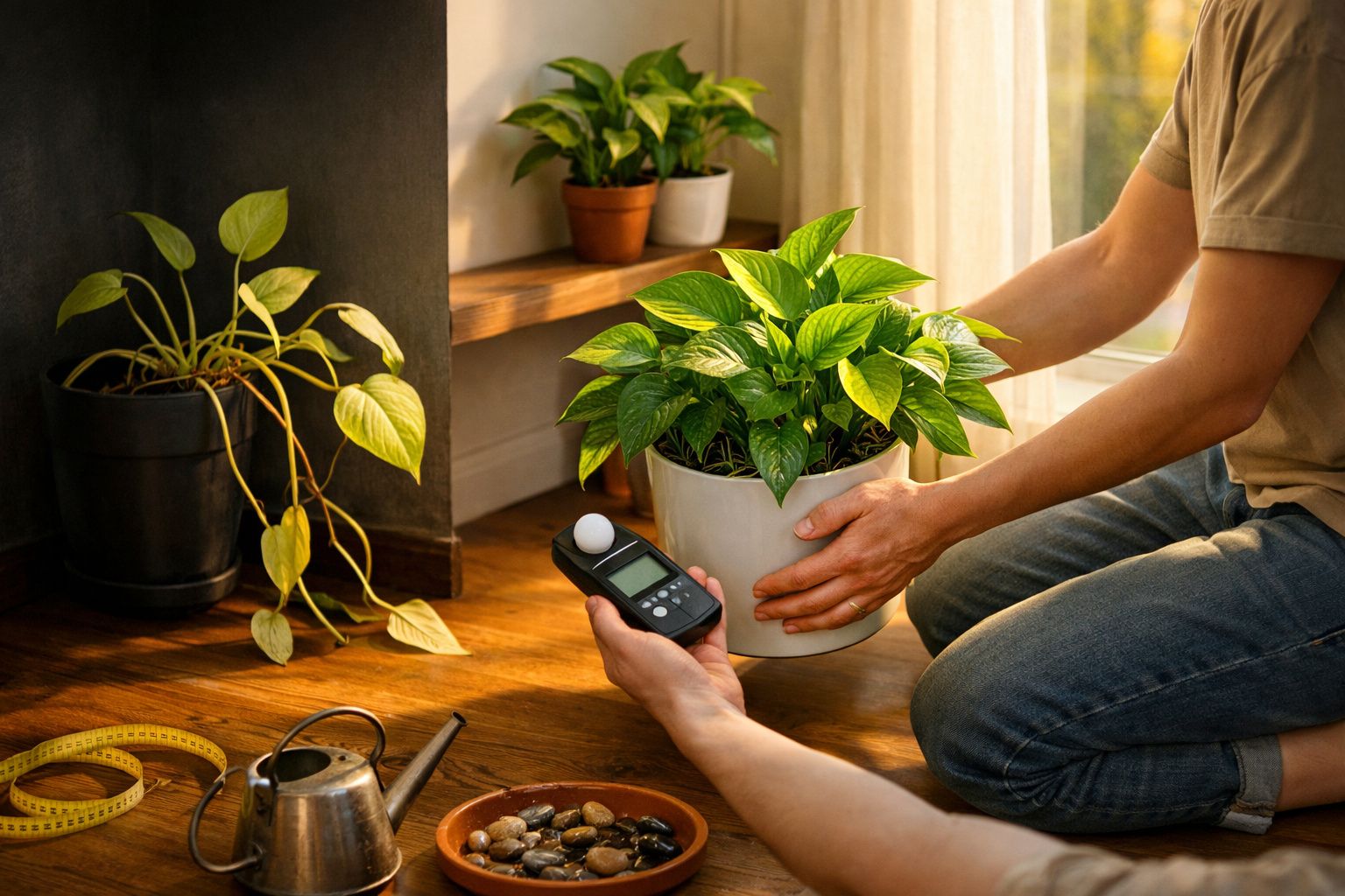 Pessoa a medir uma planta em vaso junto a uma janela com uma fita métrica.