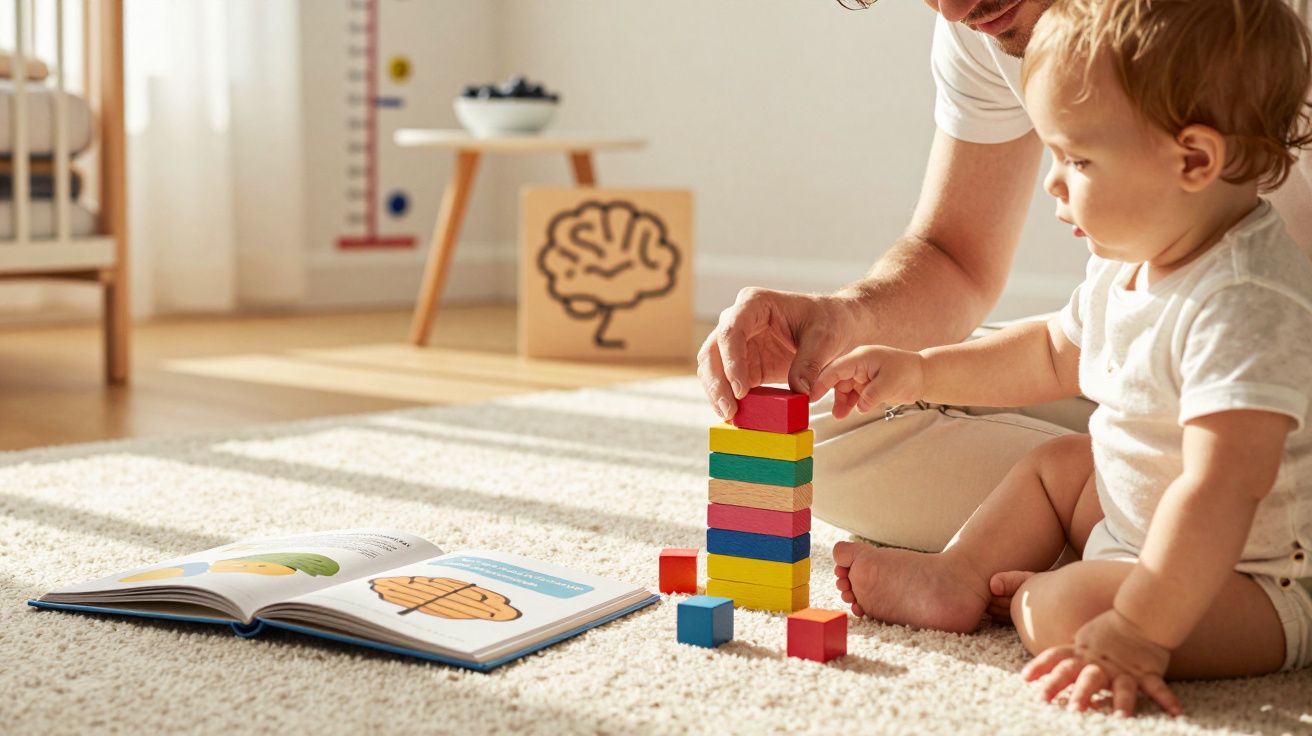 Criança a brincar com blocos coloridos no chão, ao lado de um livro aberto num quarto iluminado pelo sol.