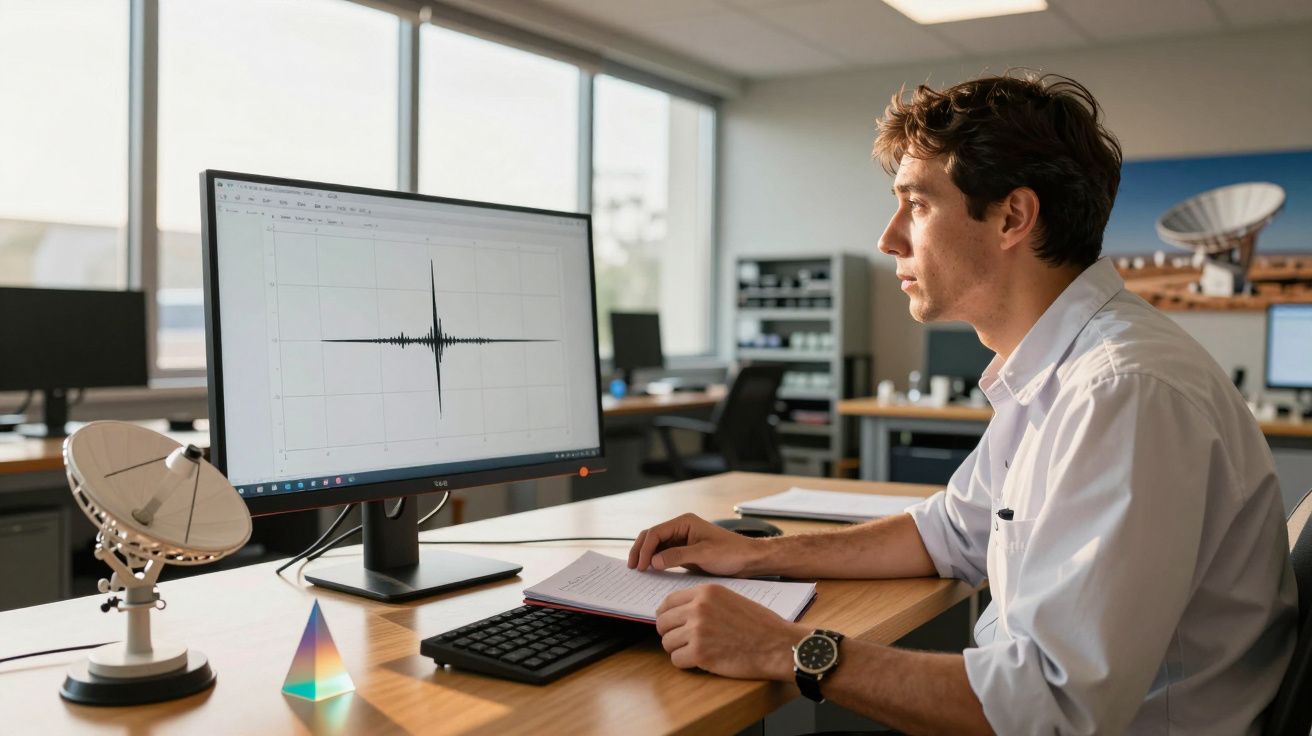 Homem analisa gráfico sísmico num monitor em escritório moderno, com mini antena parabólica na mesa.