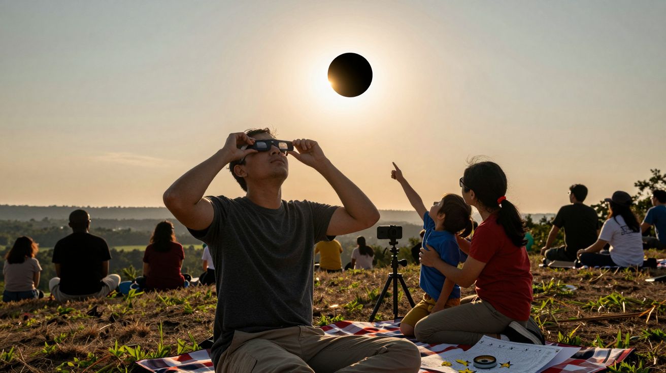 Grupo de pessoas observa um eclipse solar num campo, com um homem usando óculos especiais enquanto uma criança aponta para o 