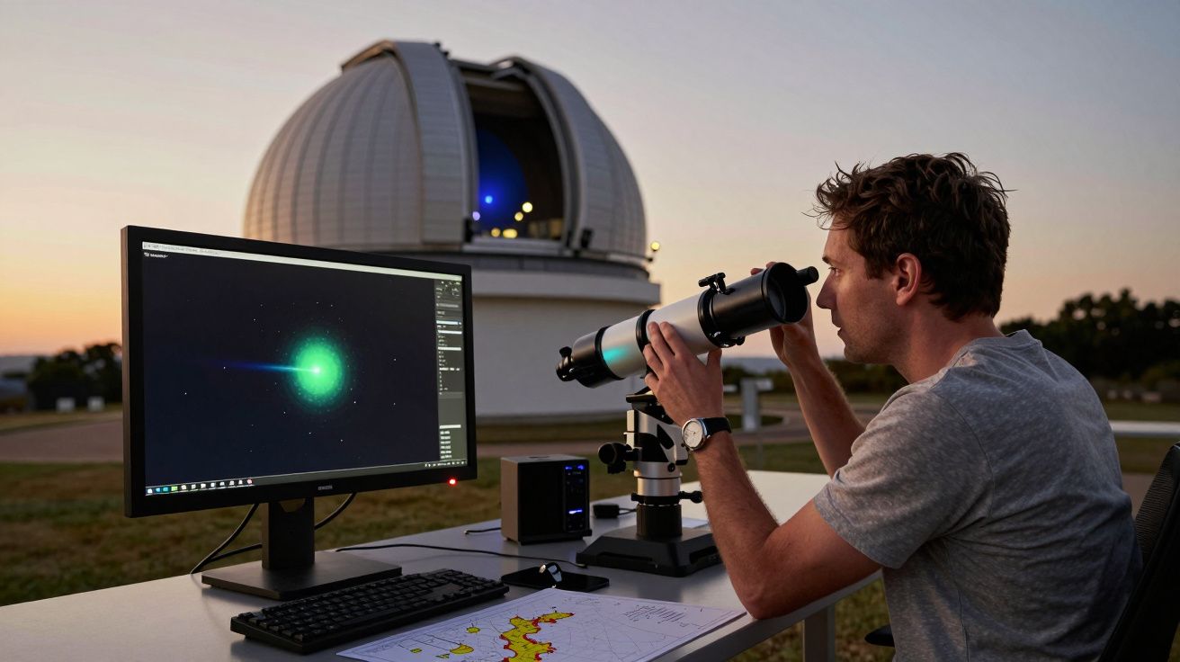 Homem usa telescópio ao ar livre, com imagem de cometa em monitor e observatório ao fundo ao entardecer.