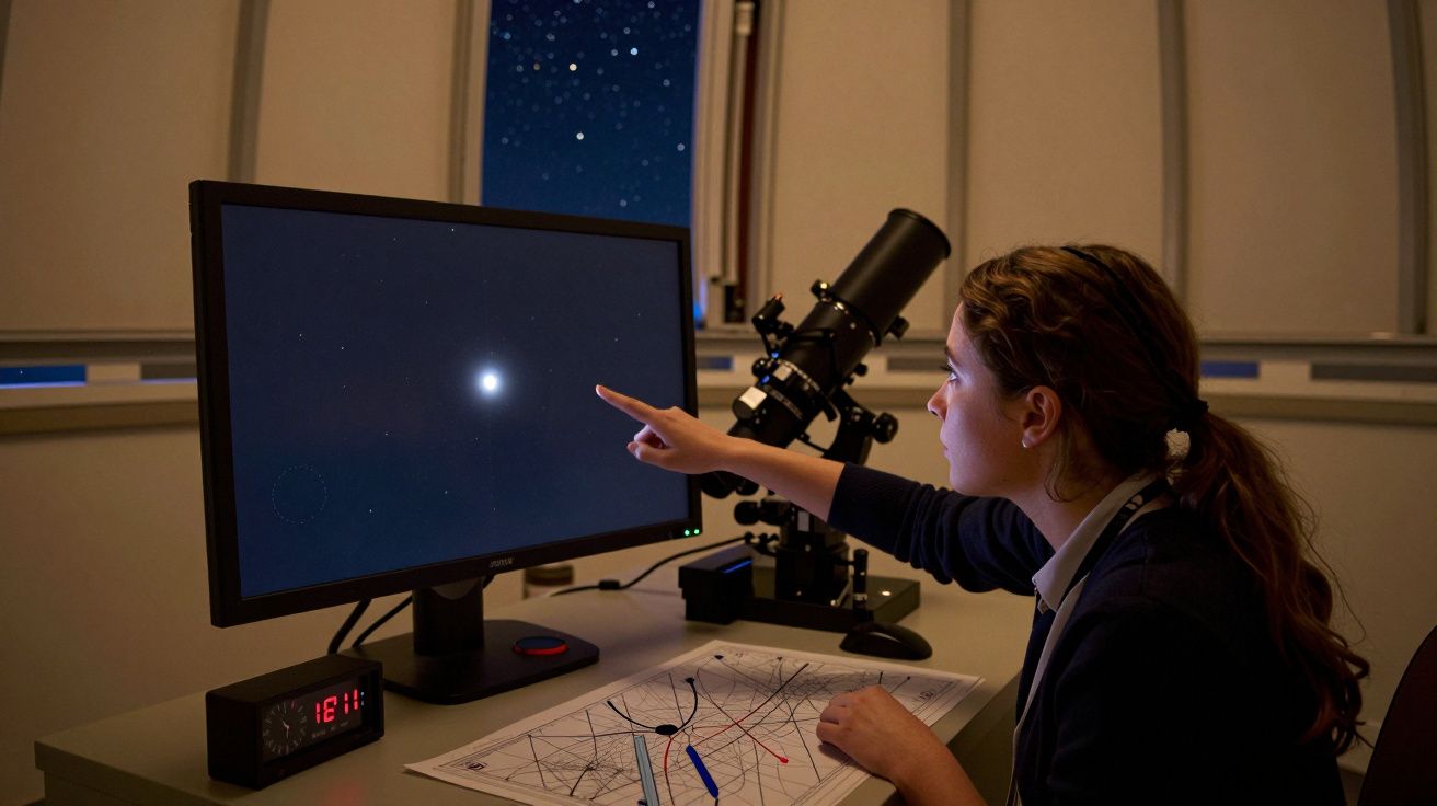 Mulher observando estrelas num monitor, apontando um objeto luminoso, com telescópio e mapas celestiais ao lado.