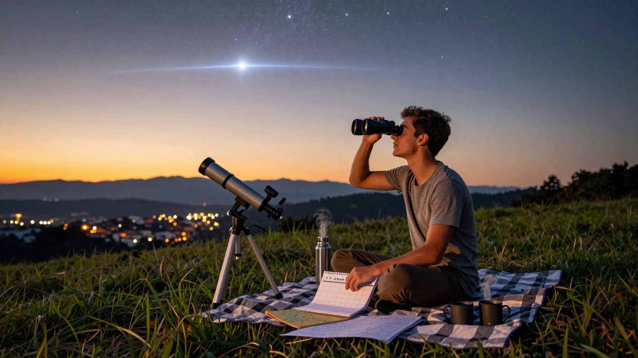 Homem sentado num campo, a observar o céu noturno com binóculos, junto a um telescópio e mapas.