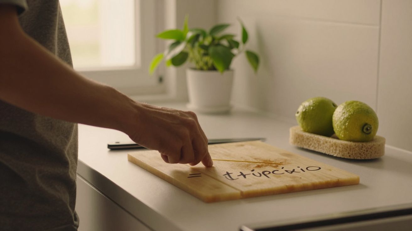 Pessoa a apontar para um tabuleiro de corte com texto, duas limas ao lado e planta ao fundo numa cozinha iluminada.