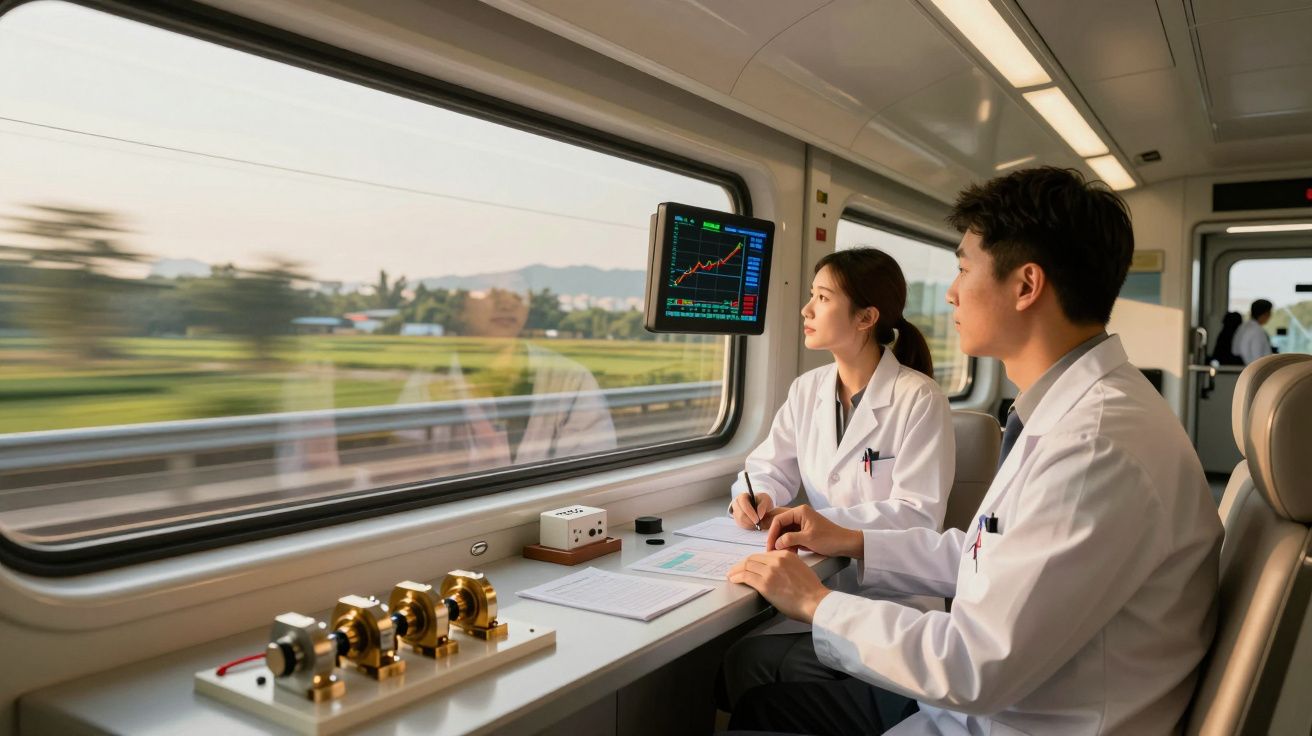 Dois cientistas em roupas brancas analisam dados num comboio em movimento, com um ecrã de gráficos à frente.