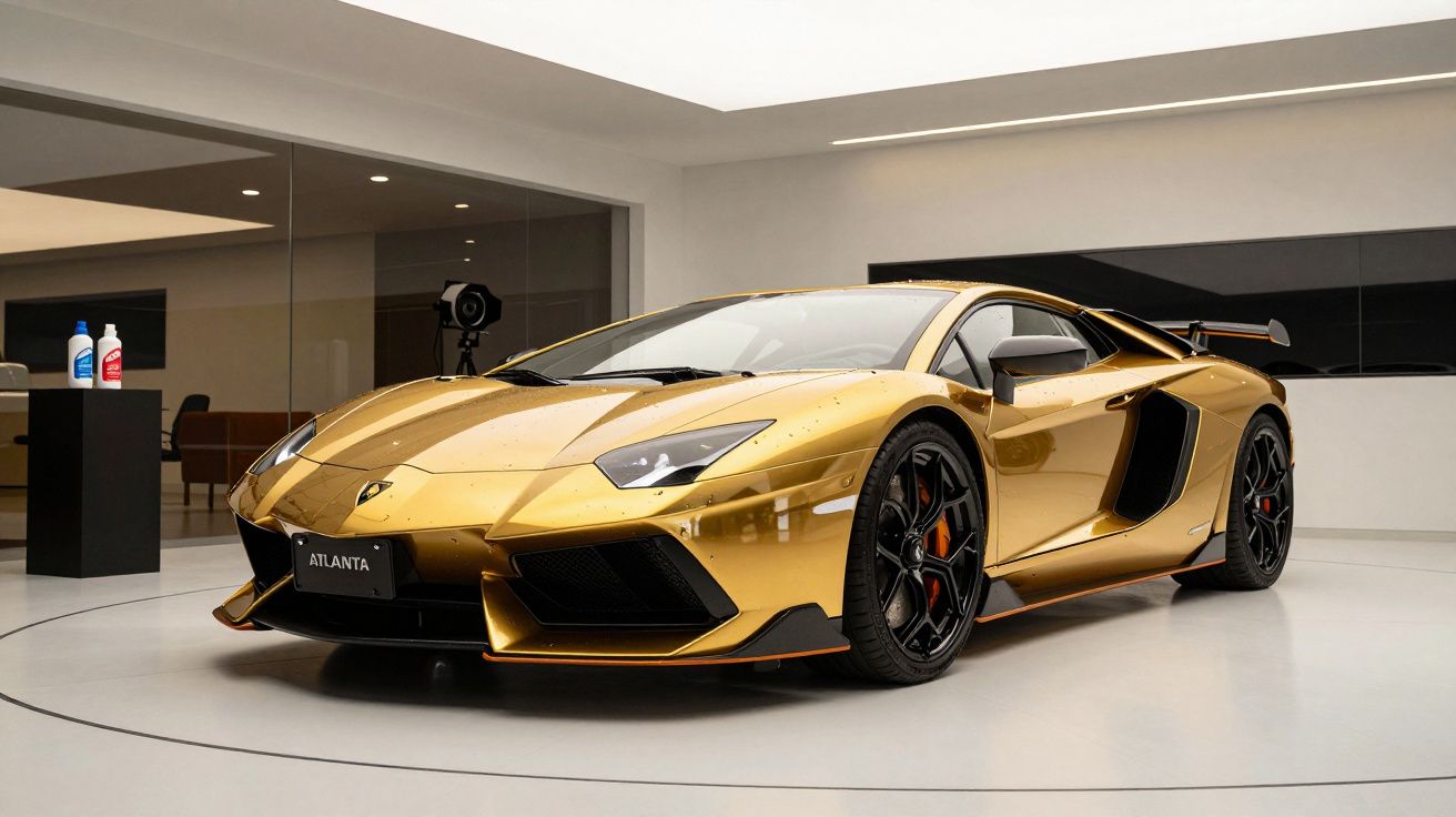 Carro desportivo dourado em showroom moderno, com design aerodinâmico e jantes pretas.
