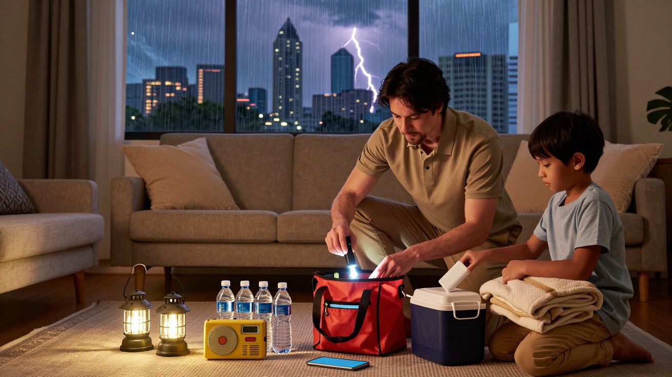 Pai e filho preparam kit de emergência em sala, com relâmpagos ao fundo.