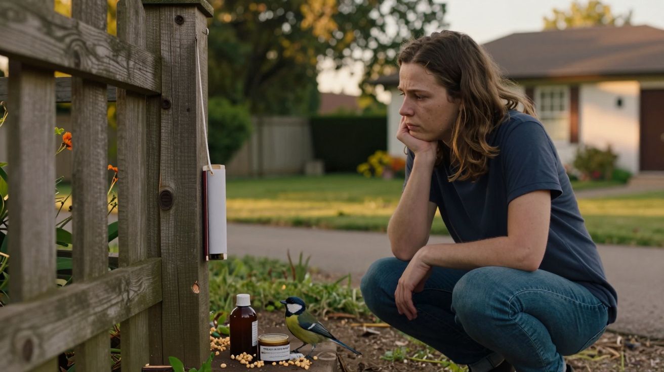 Mulher agachada observa produtos naturais ao lado de uma cerca no jardim, com um pássaro por perto.
