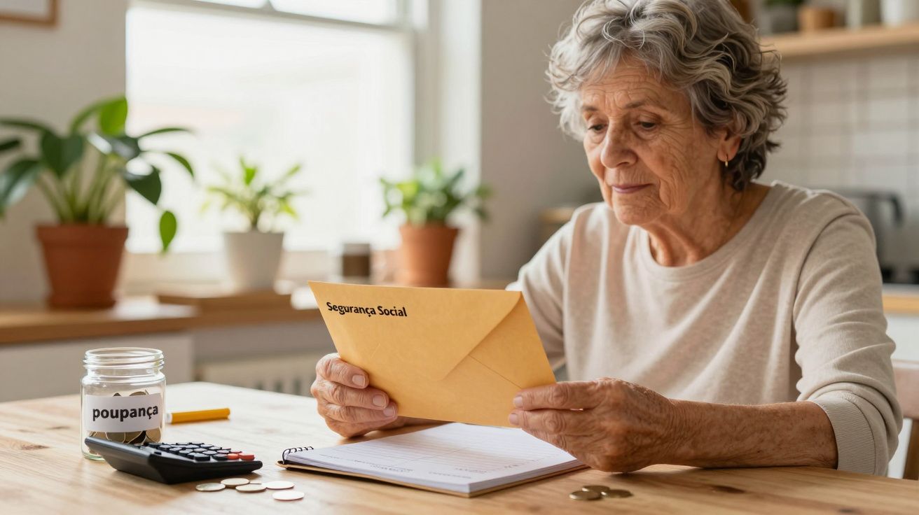 Idosa a ler carta da Segurança Social numa cozinha, com jarro de poupança e calculadora na mesa.
