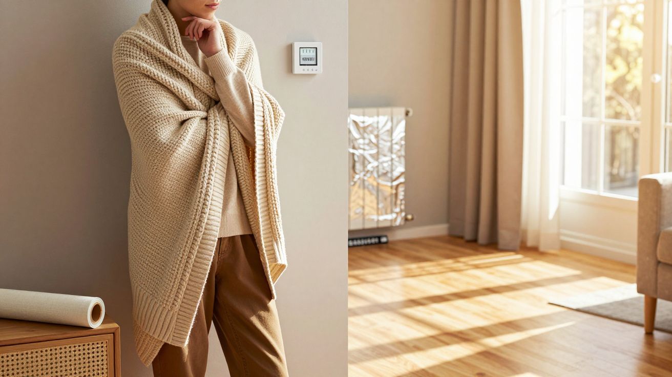 Pessoa embrulhada num cobertor bege, encostada à parede de uma sala iluminada por sol, com termostato visível.