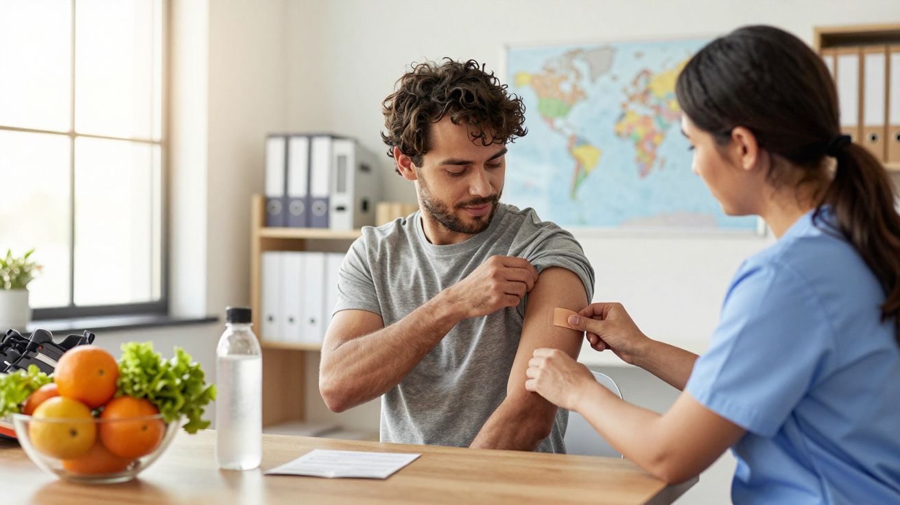 Homem recebe vacina no braço de uma profissional de saúde numa clínica, com frutas e água sobre a mesa.