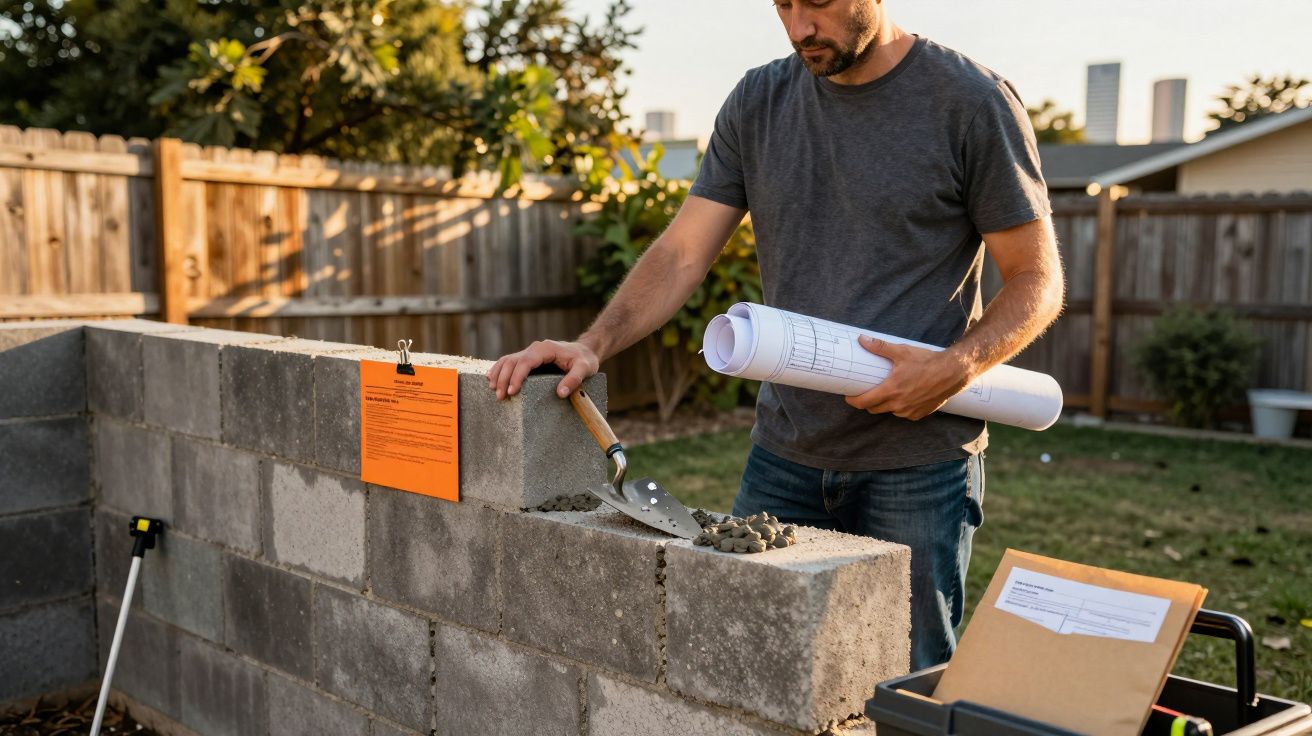 Homem com planos de construção examina parede de blocos de cimento em construção ao ar livre.